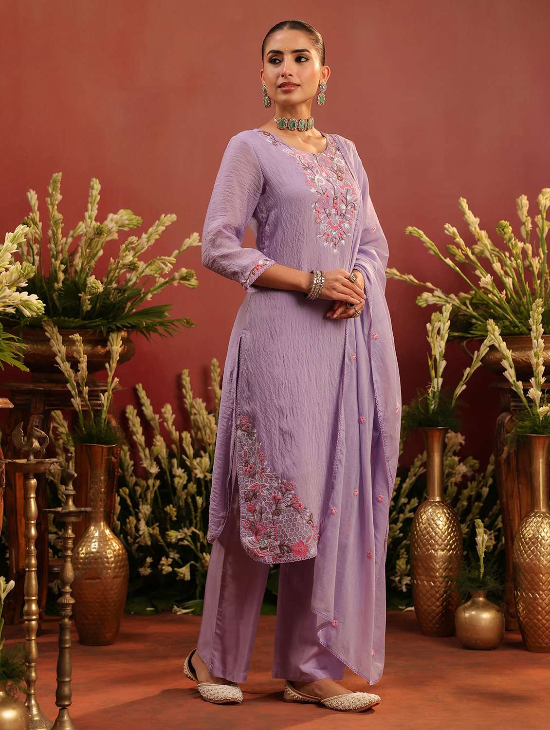 women embroidered three quarter sleeve kurta pant with dupatta set - 22142305 -  Standard Image - 3