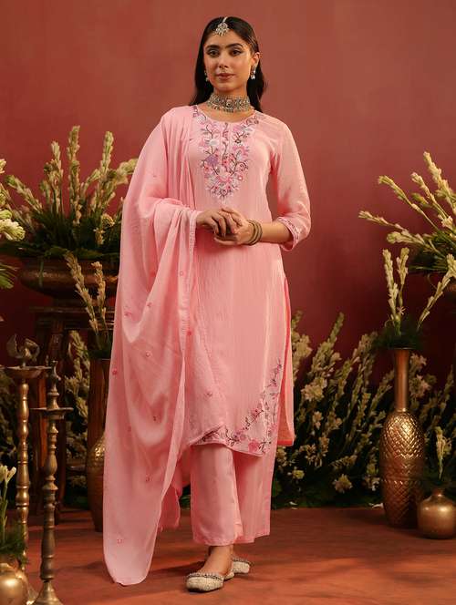 women embroidered three quarter sleeve kurta pant with dupatta set - 22142306 -  Standard Image - 0