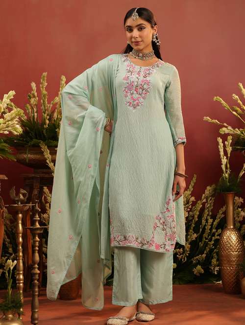 women embroidered three quarter sleeve kurta pant with dupatta set - 22142307 -  Standard Image - 0