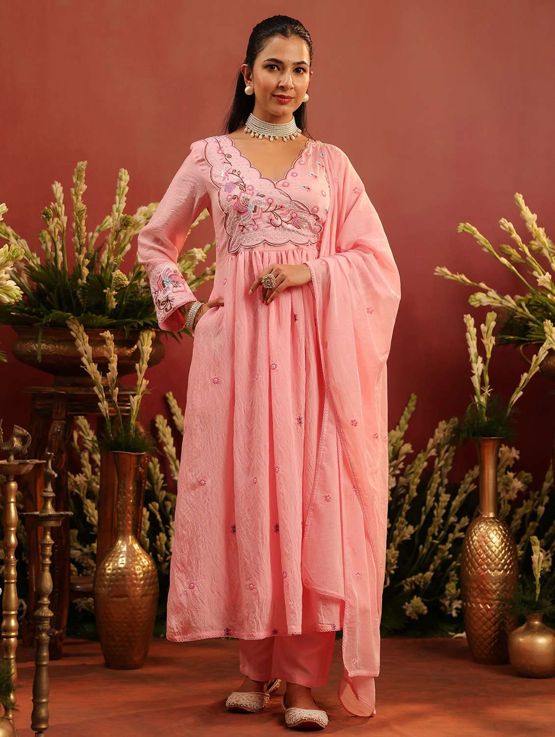 women embroidered long sleeve kurta pant with dupatta set