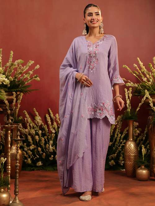 women embroidered three quarter sleeve kurta palazzo with dupatta set - 22142313 - Standard Image - 0