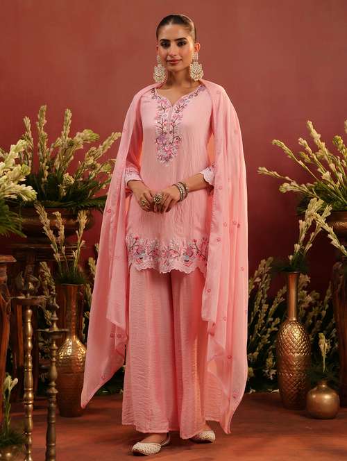 women embroidered three quarter sleeve kurta palazzo with dupatta set - 22142314 - Standard Image - 0