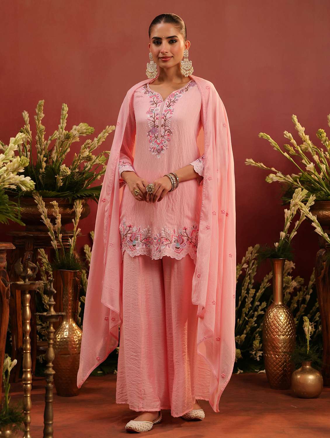 women embroidered three quarter sleeve kurta palazzo with dupatta set