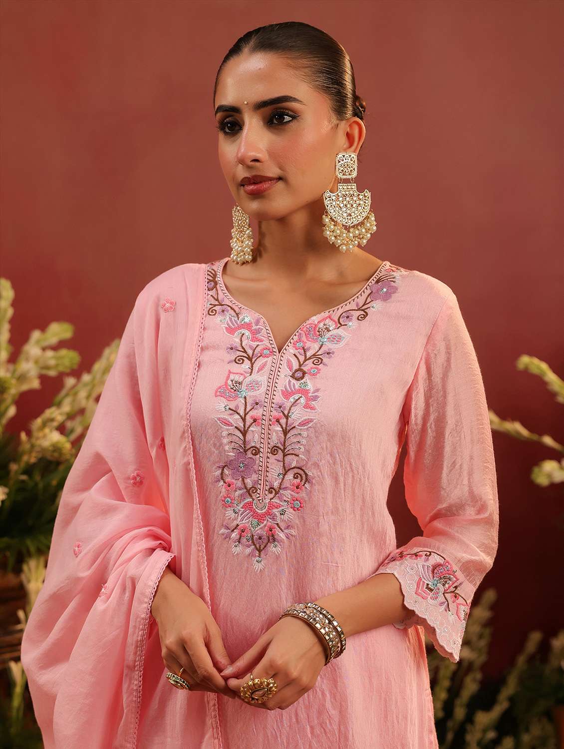 women embroidered three quarter sleeve kurta palazzo with dupatta set - 22142314 - Standard Image - 3