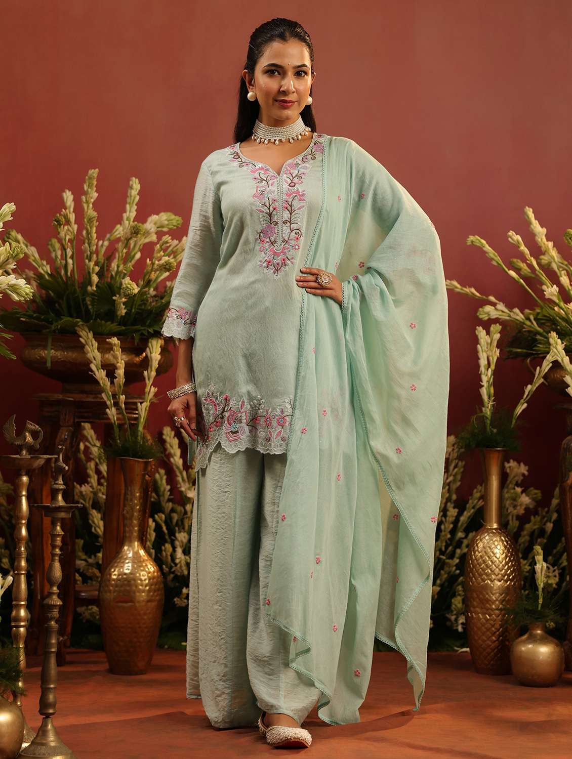 women embroidered three quarter sleeve kurta palazzo with dupatta set - 22142315 - Zoom Image - 0