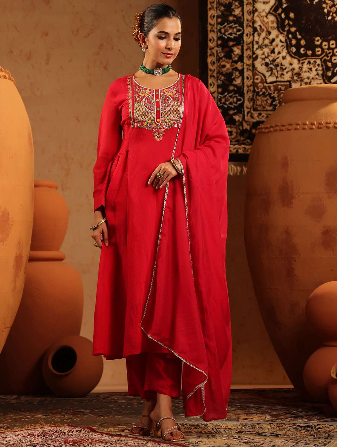 women embroidered long sleeve kurta pant with dupatta set