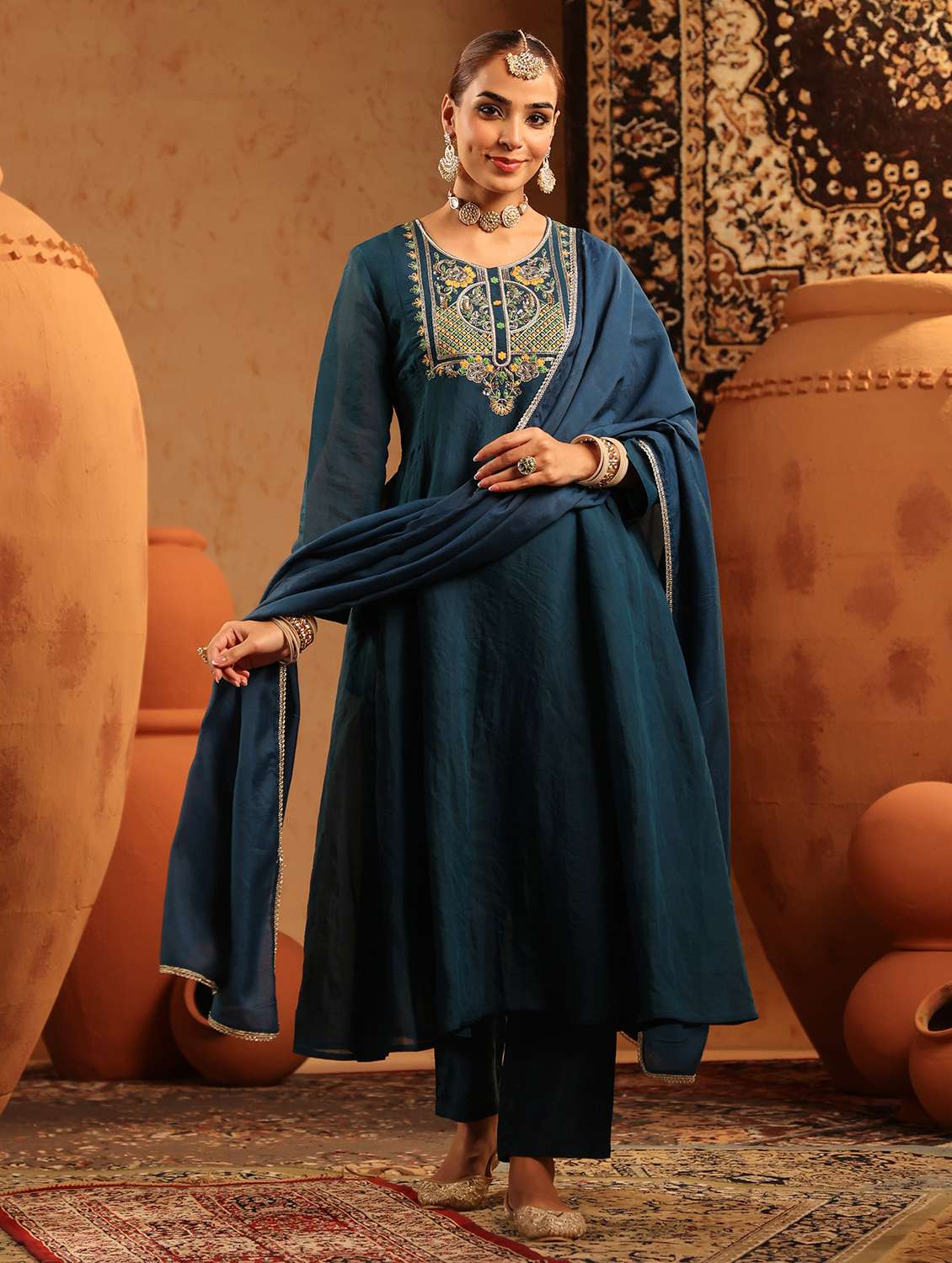 women embroidered long sleeve kurta pant with dupatta set