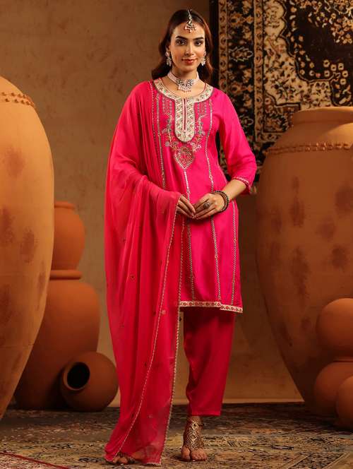 women solid with work three quarter sleeve kurta salwar with dupatta set - 22142319 - Standard Image - 0