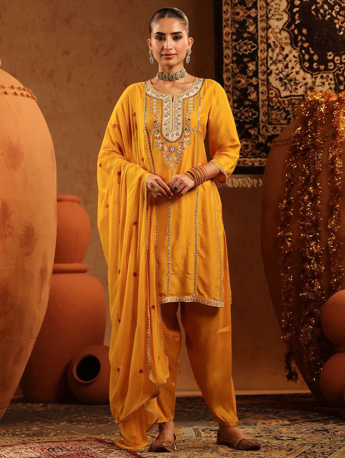 women solid with work three quarter sleeve kurta salwar with dupatta set - 22142320 - Zoom Image - 0