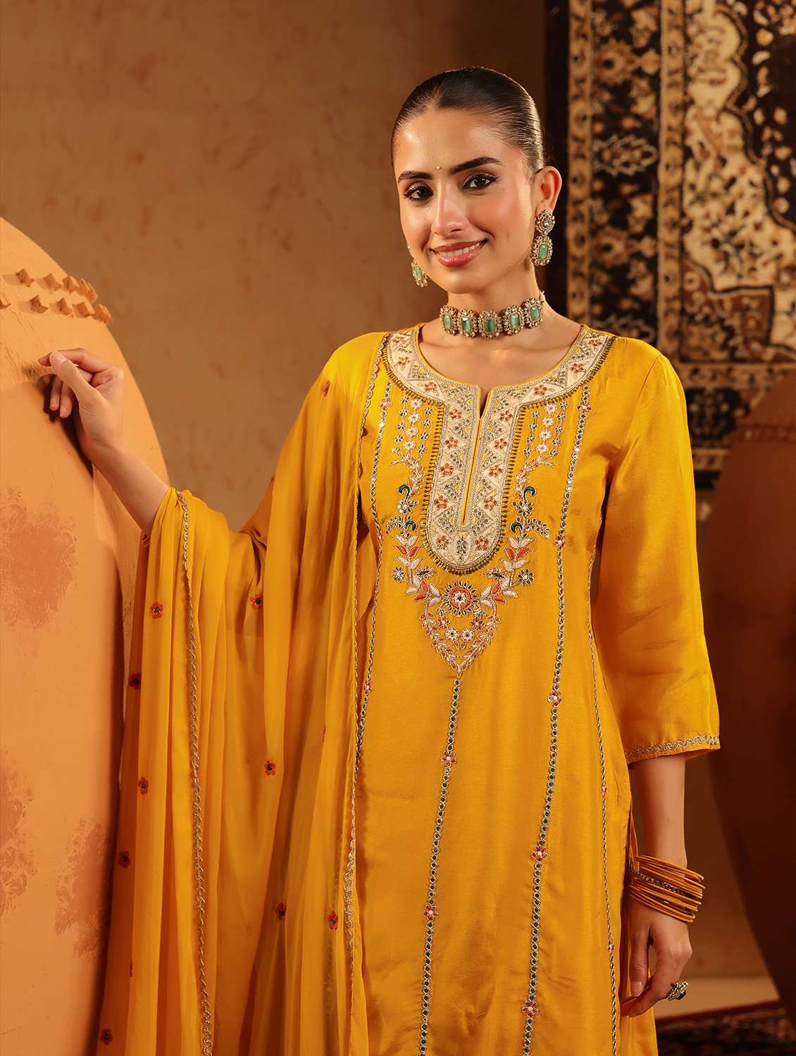 women solid with work three quarter sleeve kurta salwar with dupatta set - 22142320 - Standard Image - 3
