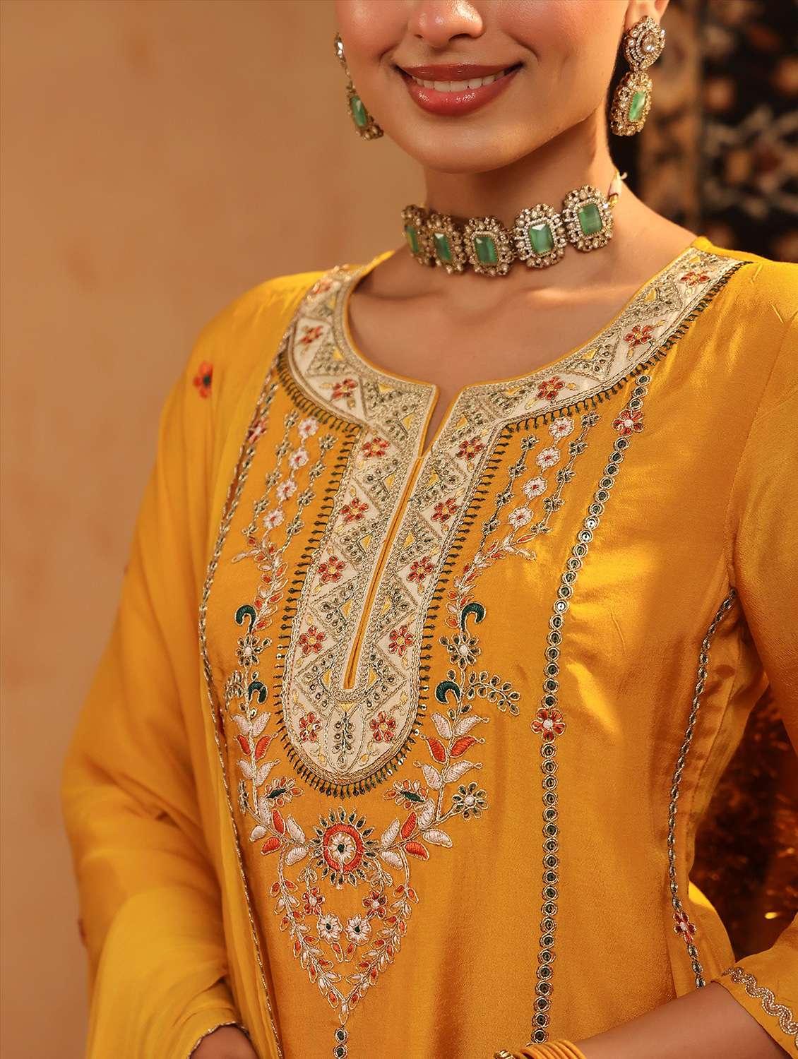 women solid with work three quarter sleeve kurta salwar with dupatta set - 22142320 - Standard Image - 5