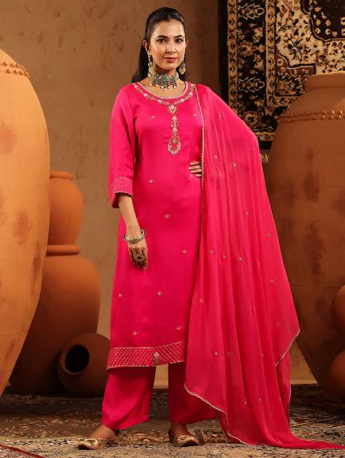 women embroidered three quarter sleeve kurta pant with dupatta set - 22142321 -  Standard Image - 0