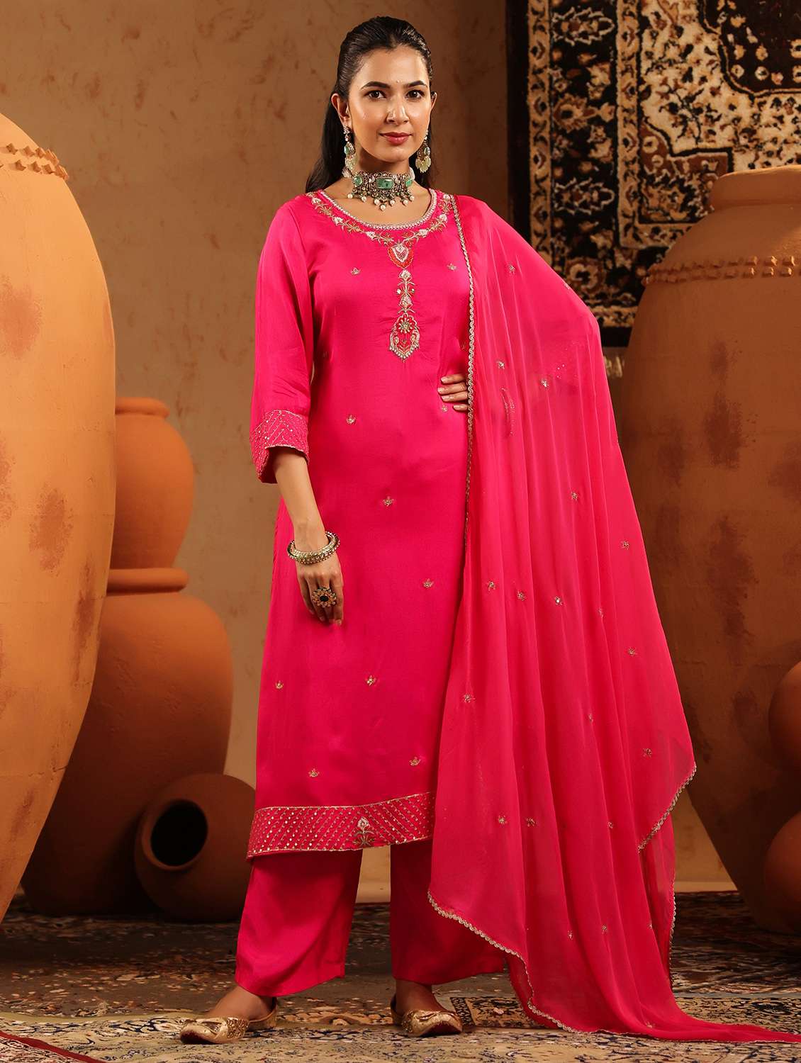 women embroidered three quarter sleeve kurta pant with dupatta set - 22142321 -  Zoom Image - 0