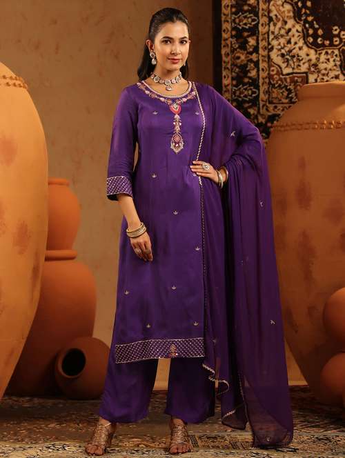 women embroidered three quarter sleeve kurta pant with dupatta set - 22142322 -  Standard Image - 0