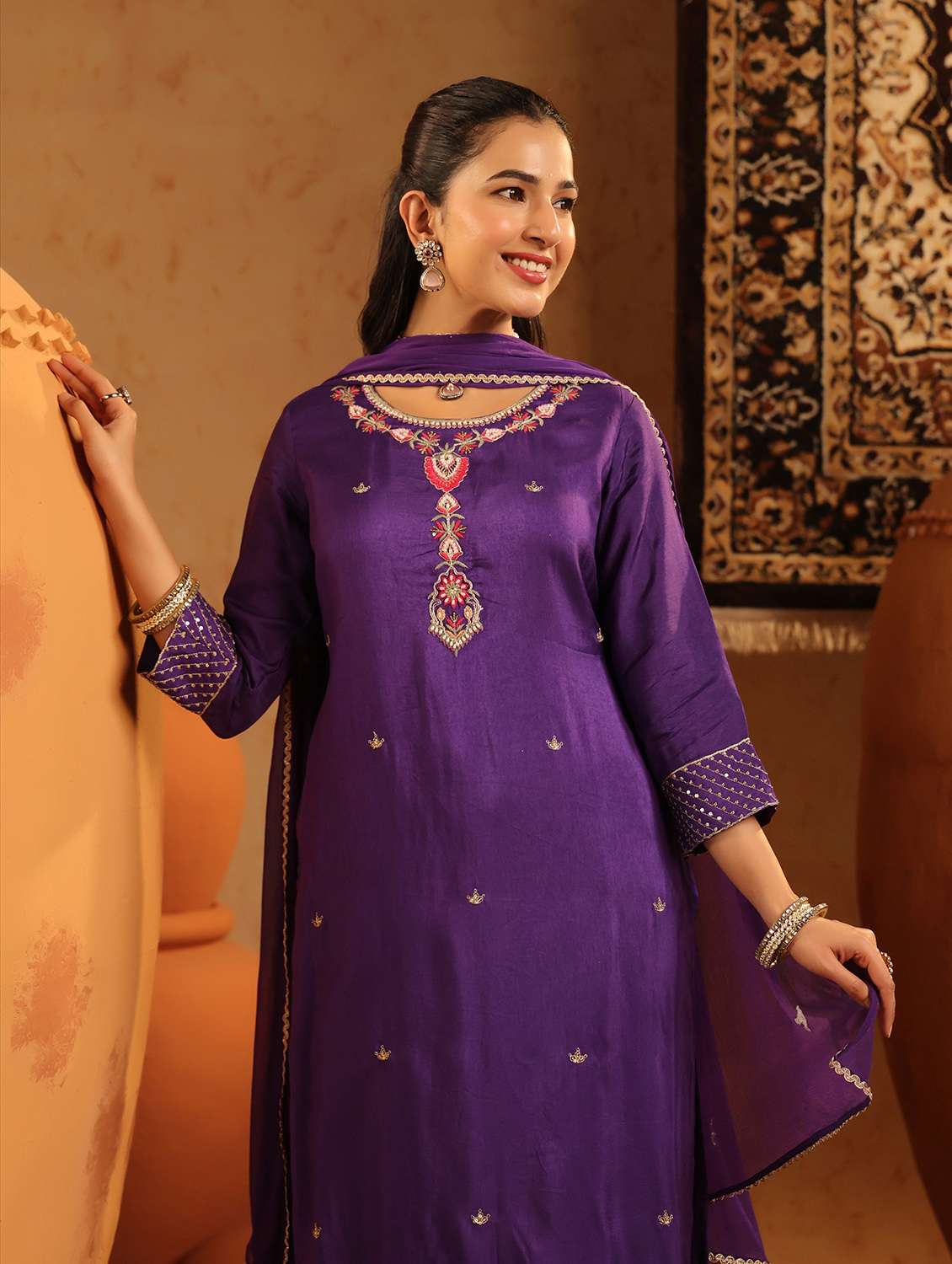 women embroidered three quarter sleeve kurta pant with dupatta set - 22142322 -  Standard Image - 3