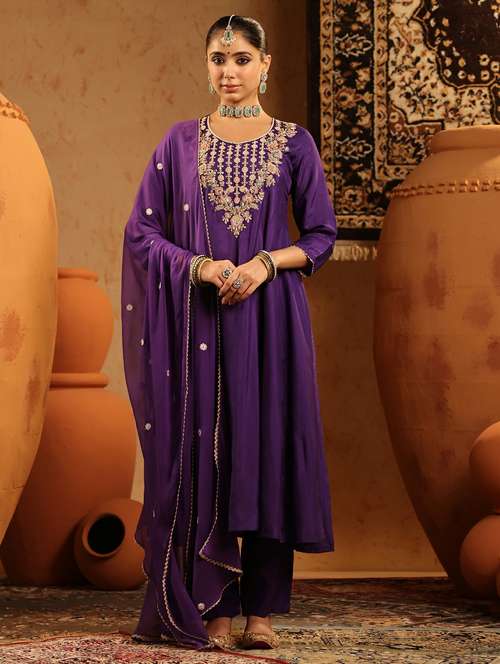 women embroidered three quarter sleeve kurta pant with dupatta set - 22142324 -  Standard Image - 0