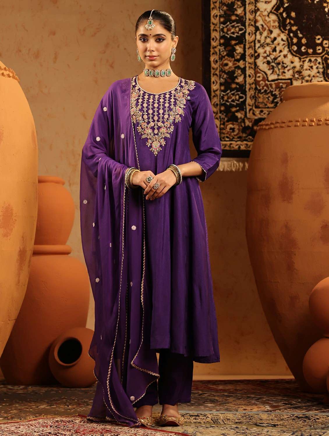 women embroidered three quarter sleeve kurta pant with dupatta set - 22142324 -  Zoom Image - 0