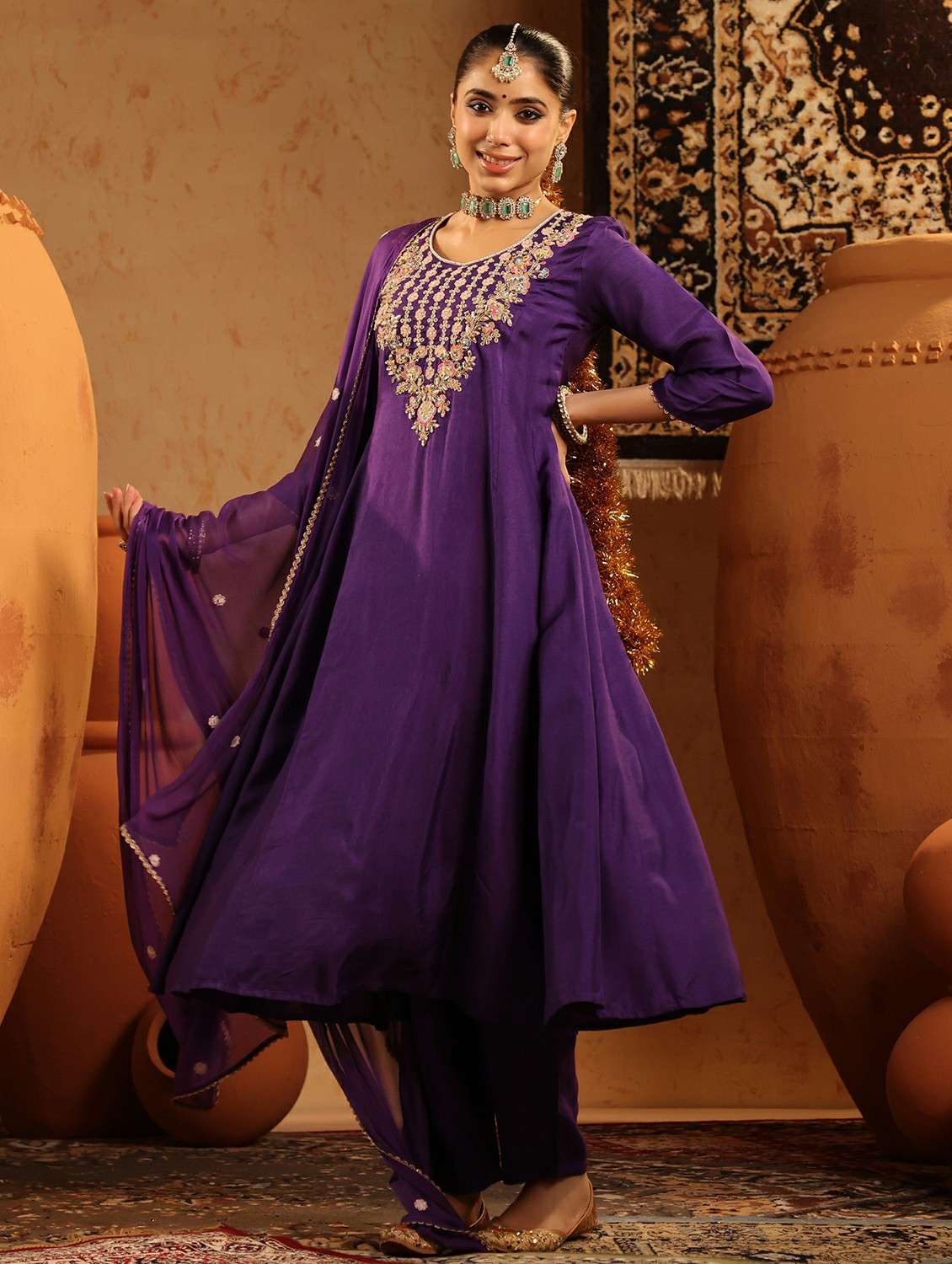 women embroidered three quarter sleeve kurta pant with dupatta set - 22142324 -  Standard Image - 3