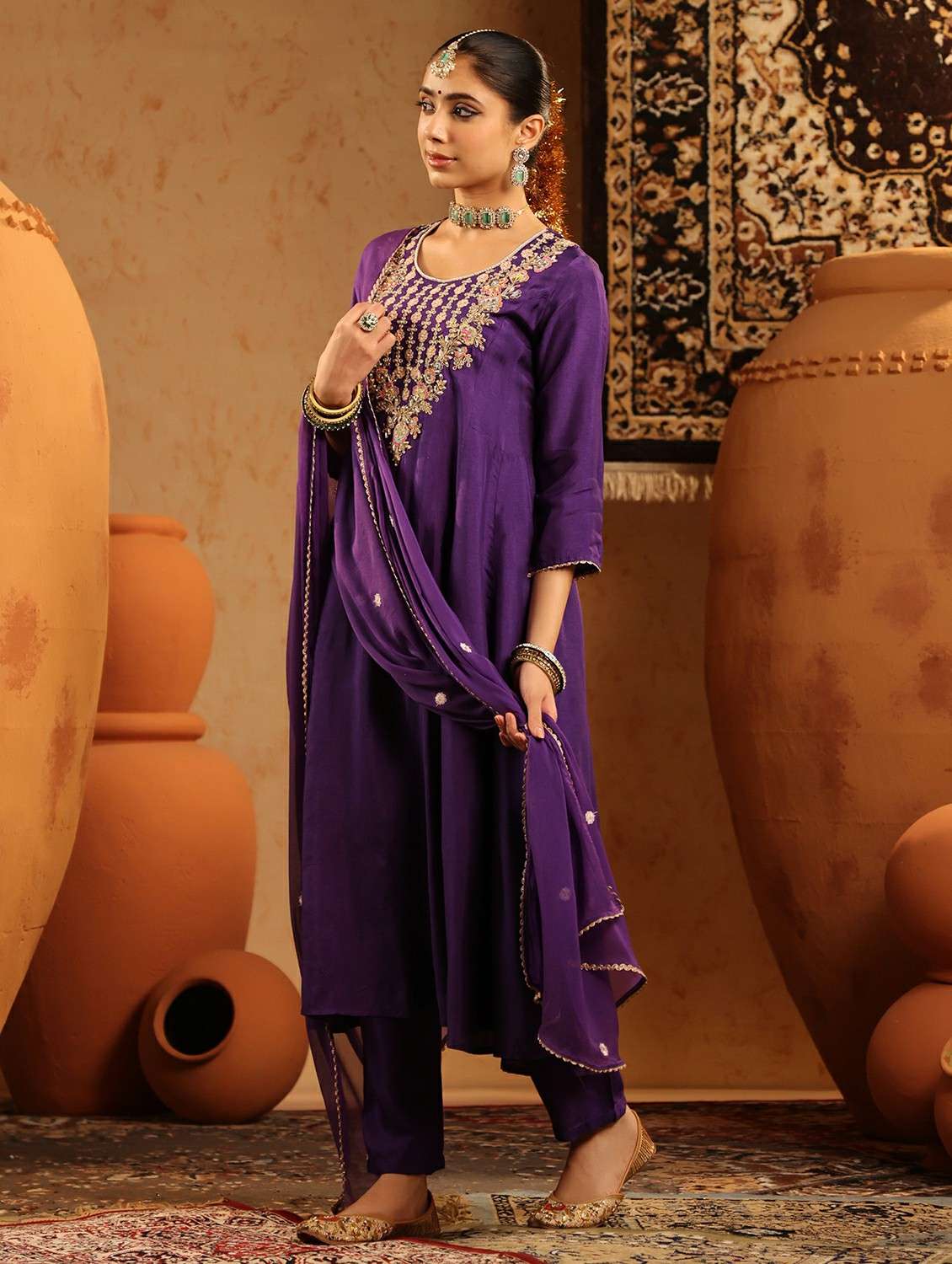women embroidered three quarter sleeve kurta pant with dupatta set - 22142324 -  Standard Image - 5