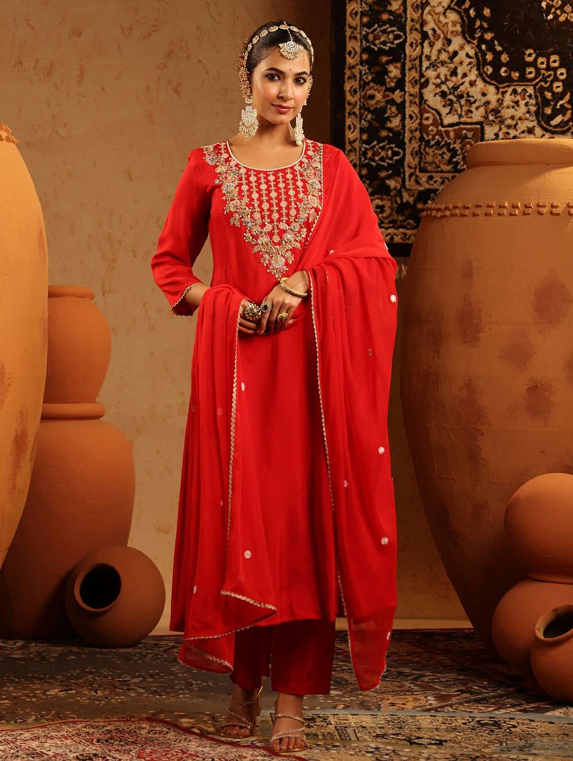 women embroidered three quarter sleeve kurta pant with dupatta set - 22142325 -  Standard Image - 3