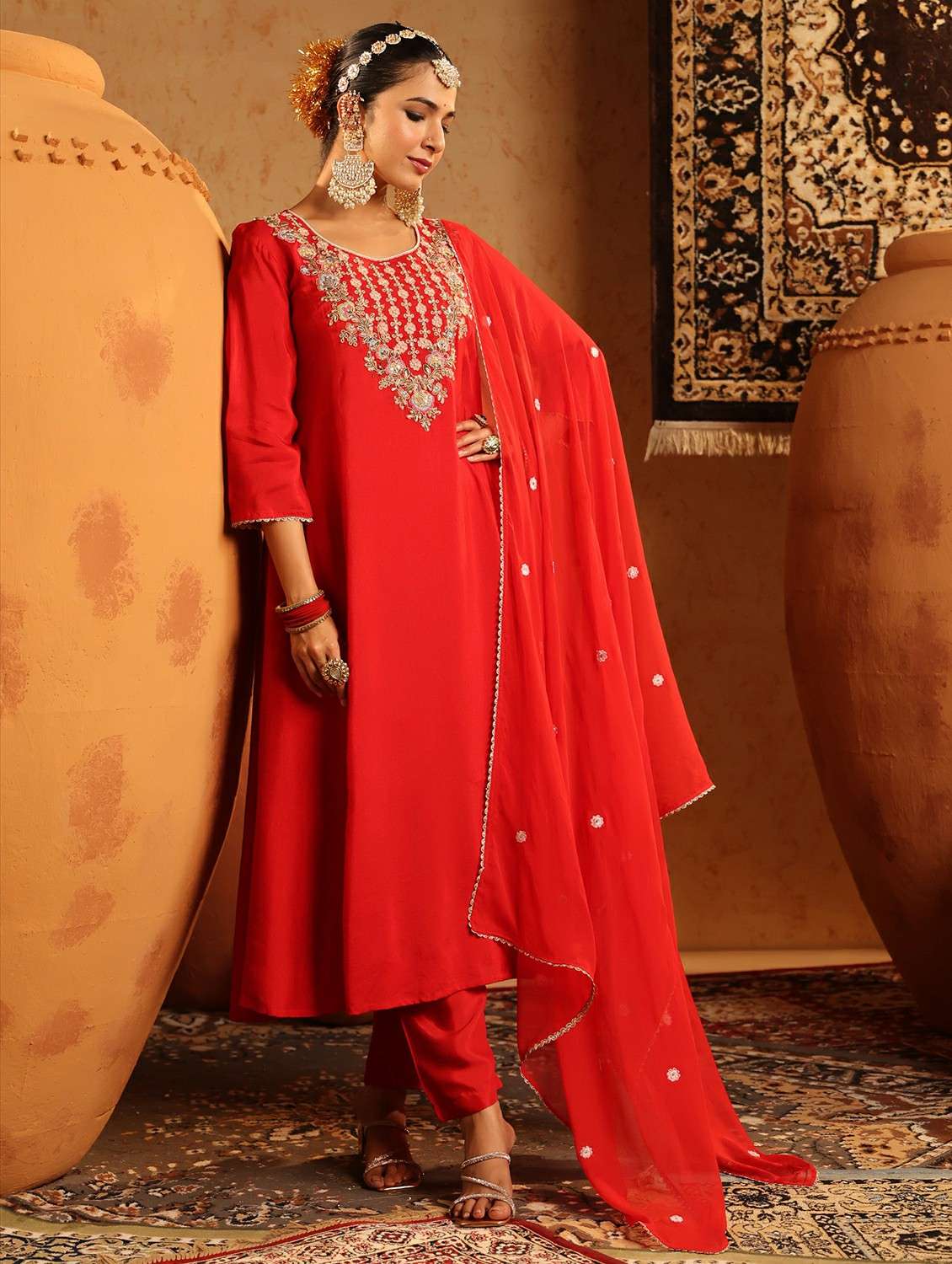 women embroidered three quarter sleeve kurta pant with dupatta set - 22142325 -  Standard Image - 5