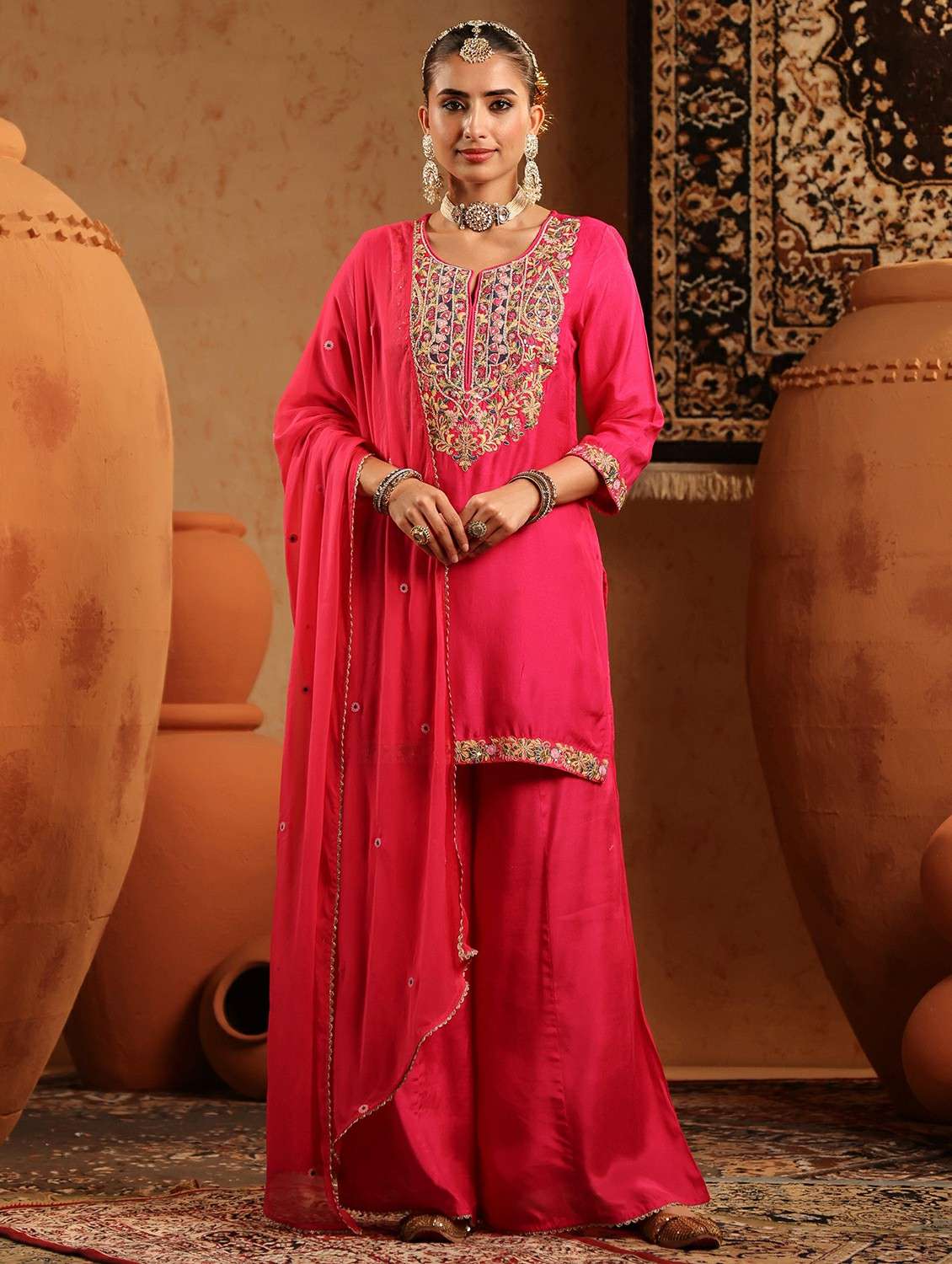 women embroidered three quarter sleeve kurta sharara with dupatta set - 22142326 -  Zoom Image - 0