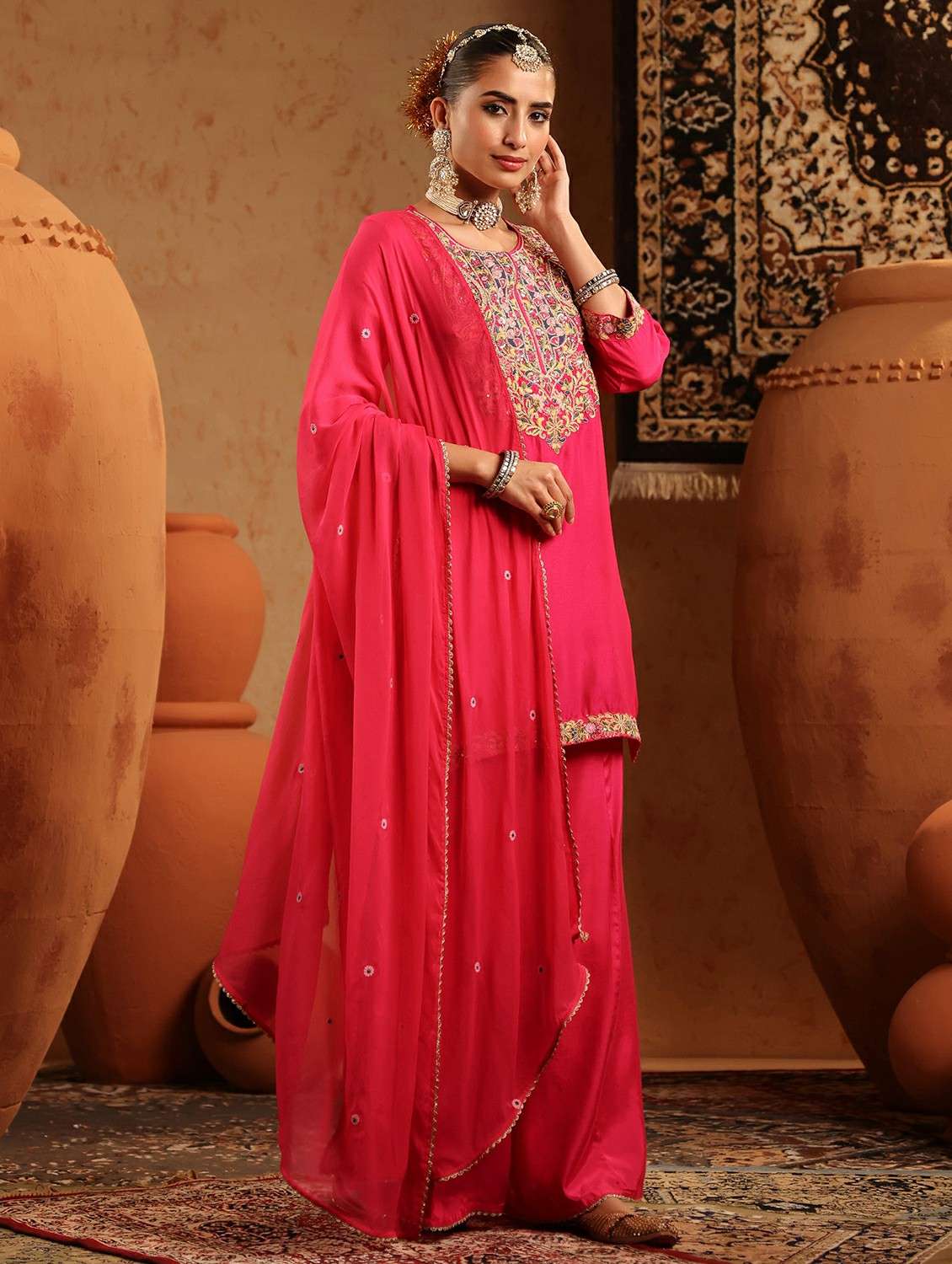 women embroidered three quarter sleeve kurta sharara with dupatta set - 22142326 -  Standard Image - 3