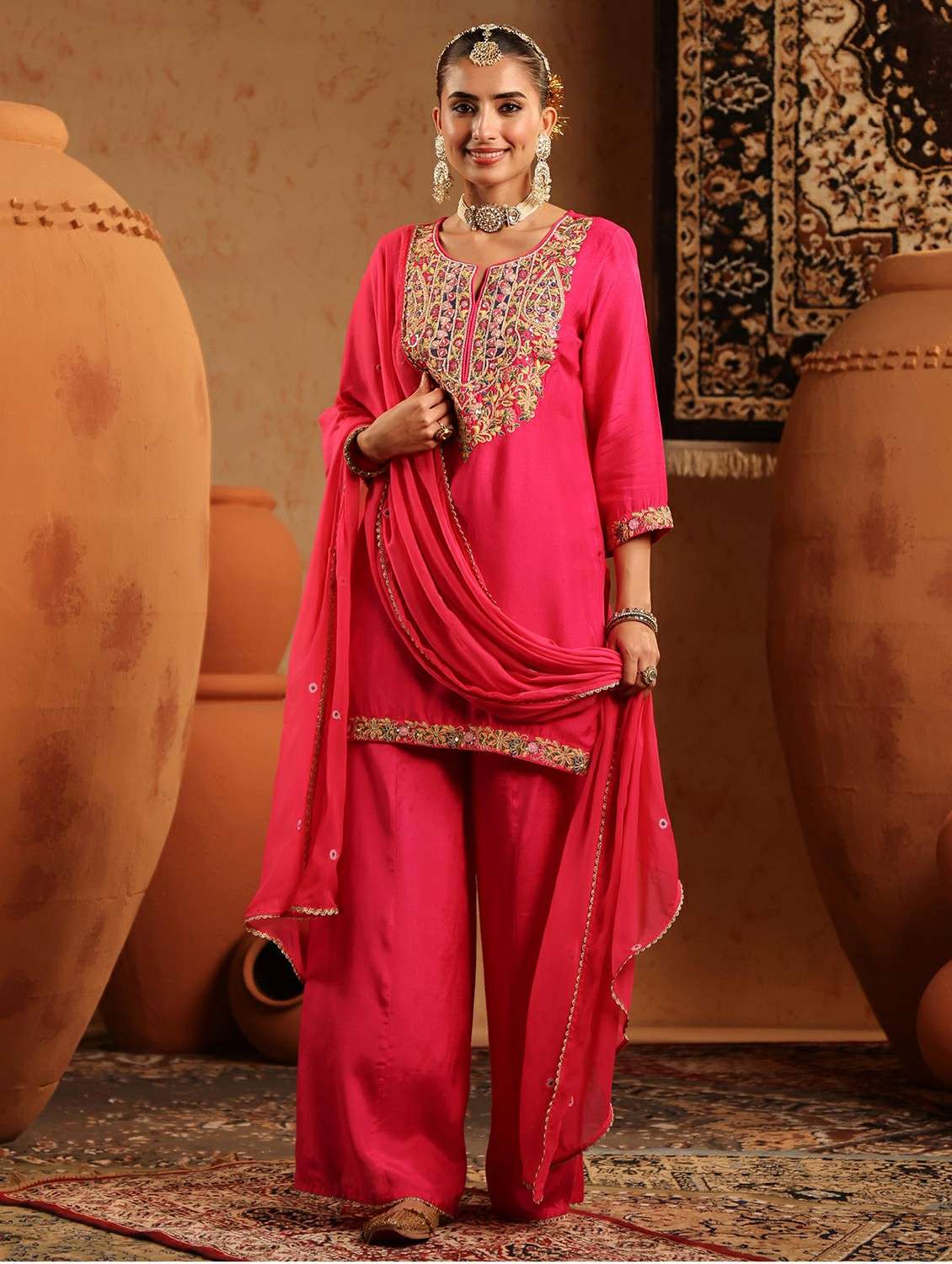 women embroidered three quarter sleeve kurta sharara with dupatta set - 22142326 -  Standard Image - 5
