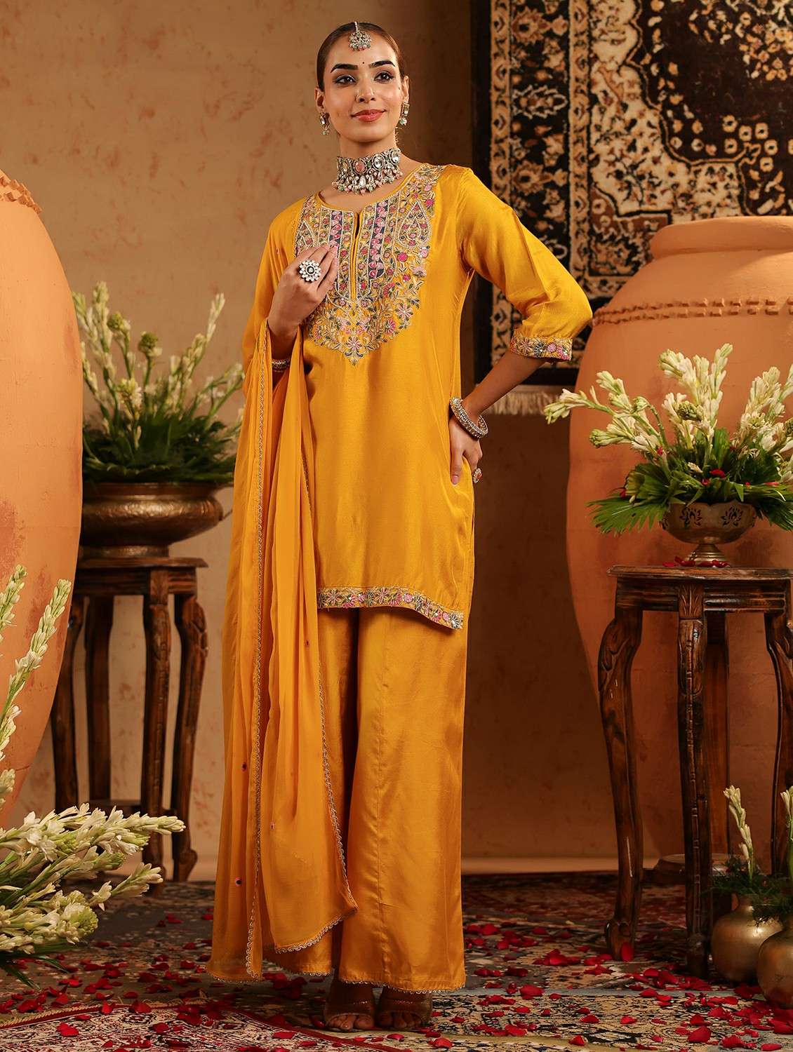 women embroidered three quarter sleeve kurta sharara with dupatta set - 22142327 -  Standard Image - 5