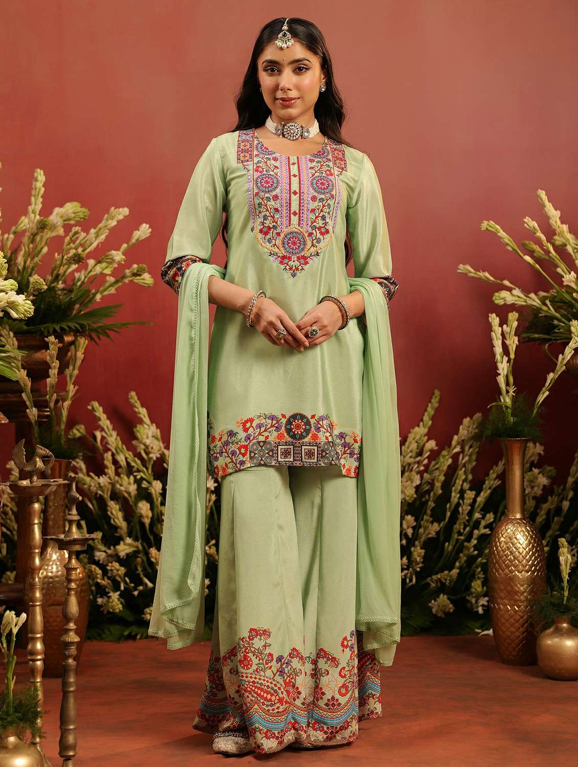 women embroidered three quarter sleeve kurta sharara with dupatta set - 22142328 - Standard Image - 3