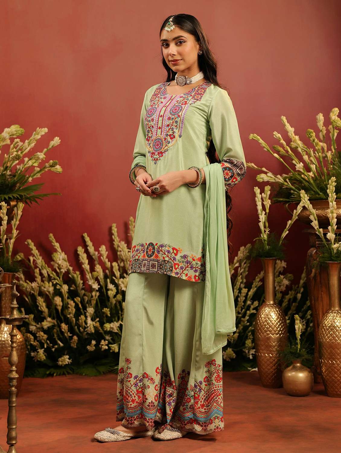 women embroidered three quarter sleeve kurta sharara with dupatta set - 22142328 - Standard Image - 5