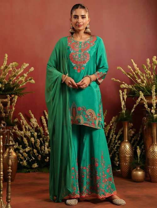women embroidered three quarter sleeve kurta sharara with dupatta set - 22142329 - Standard Image - 0