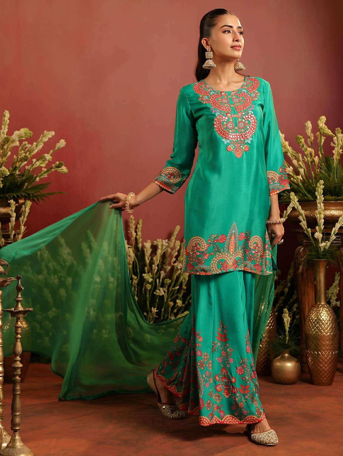 women embroidered three quarter sleeve kurta sharara with dupatta set - 22142329 - Standard Image - 3