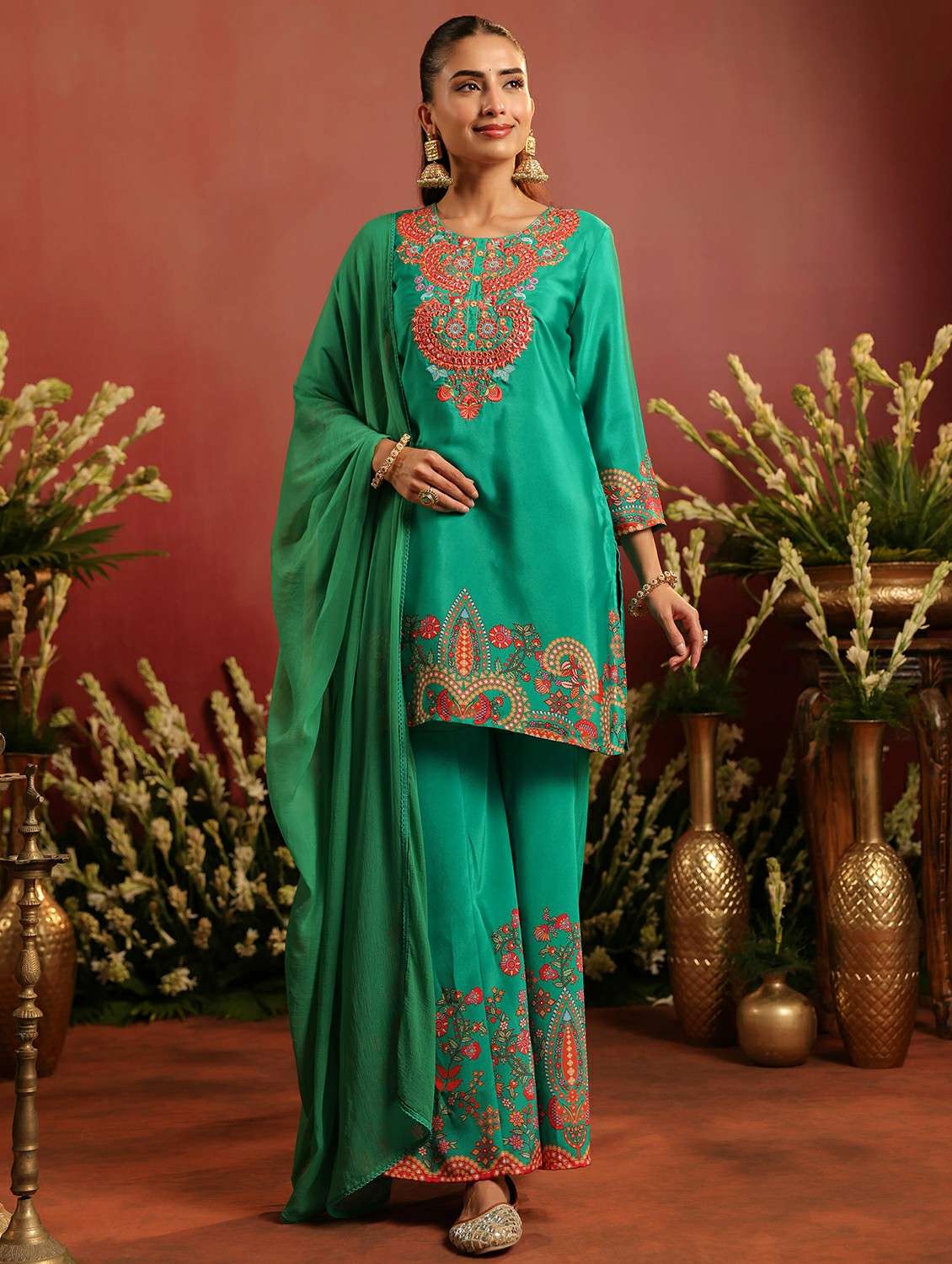women embroidered three quarter sleeve kurta sharara with dupatta set - 22142329 - Standard Image - 5