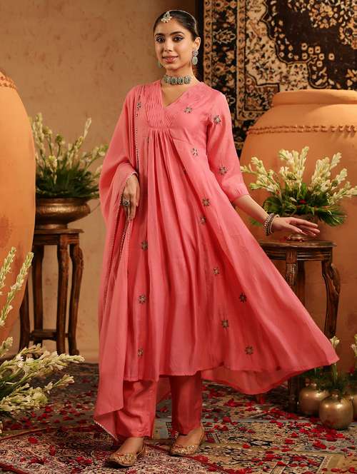 women embroidered three quarter sleeve kurta pant with dupatta set - 22142331 -  Standard Image - 0