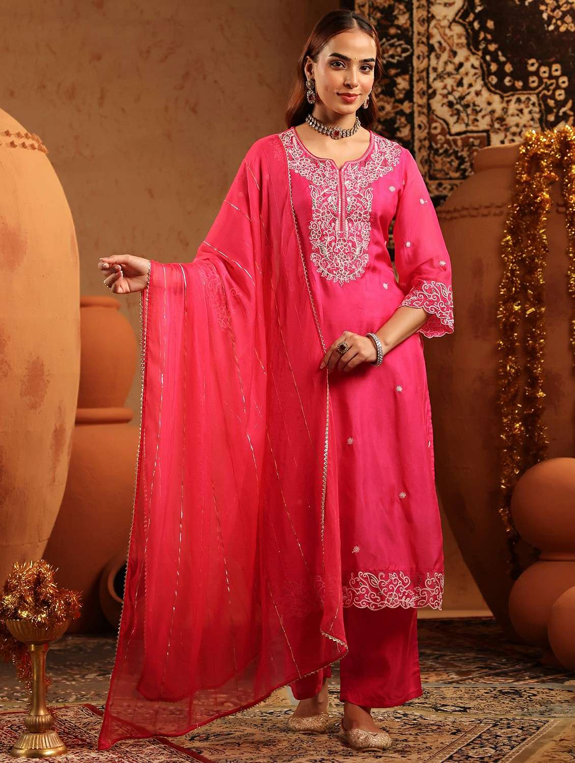 women embroidered three quarter sleeve kurta pant with dupatta set