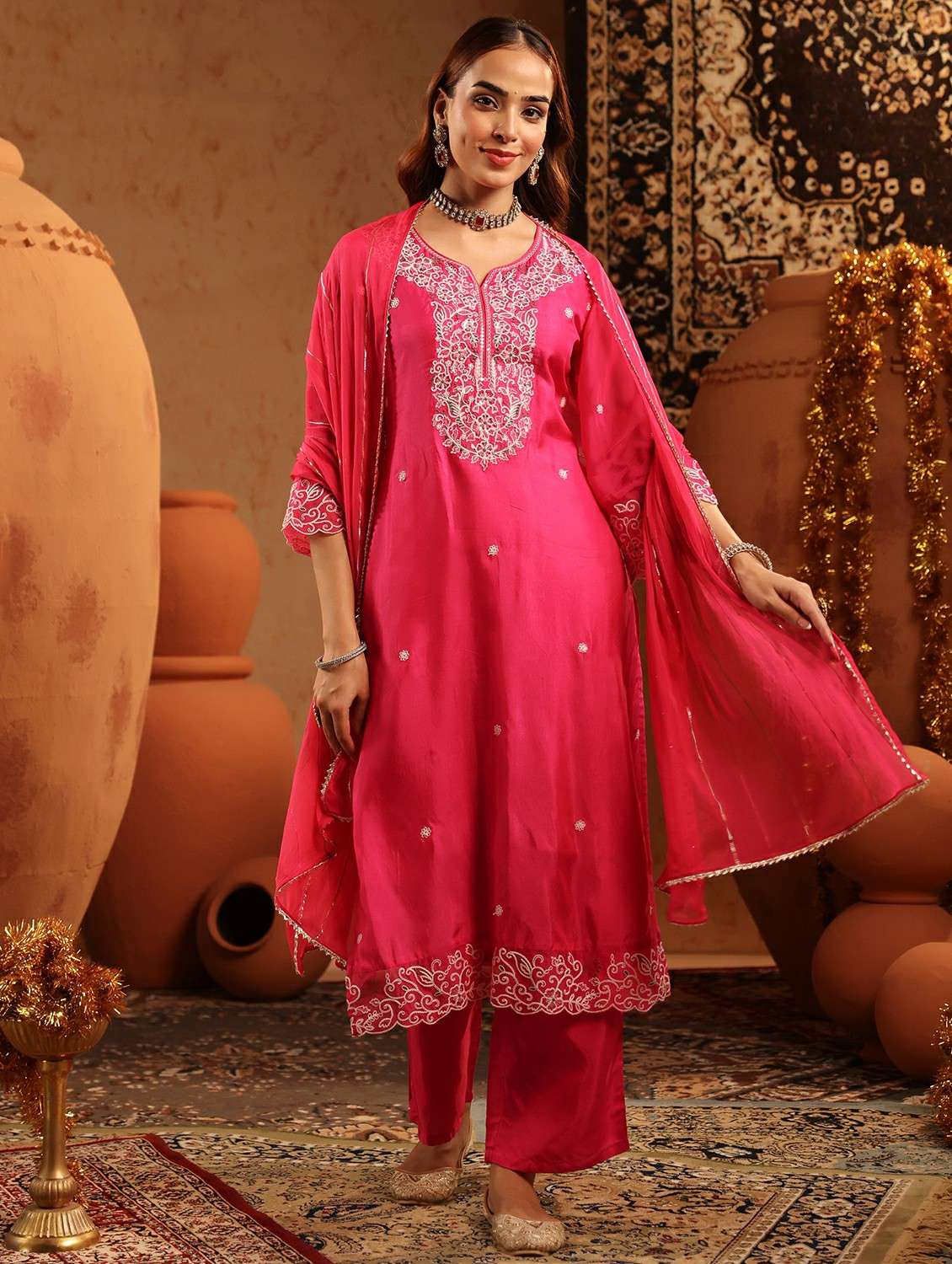 women embroidered three quarter sleeve kurta pant with dupatta set - 22142332 -  Standard Image - 3