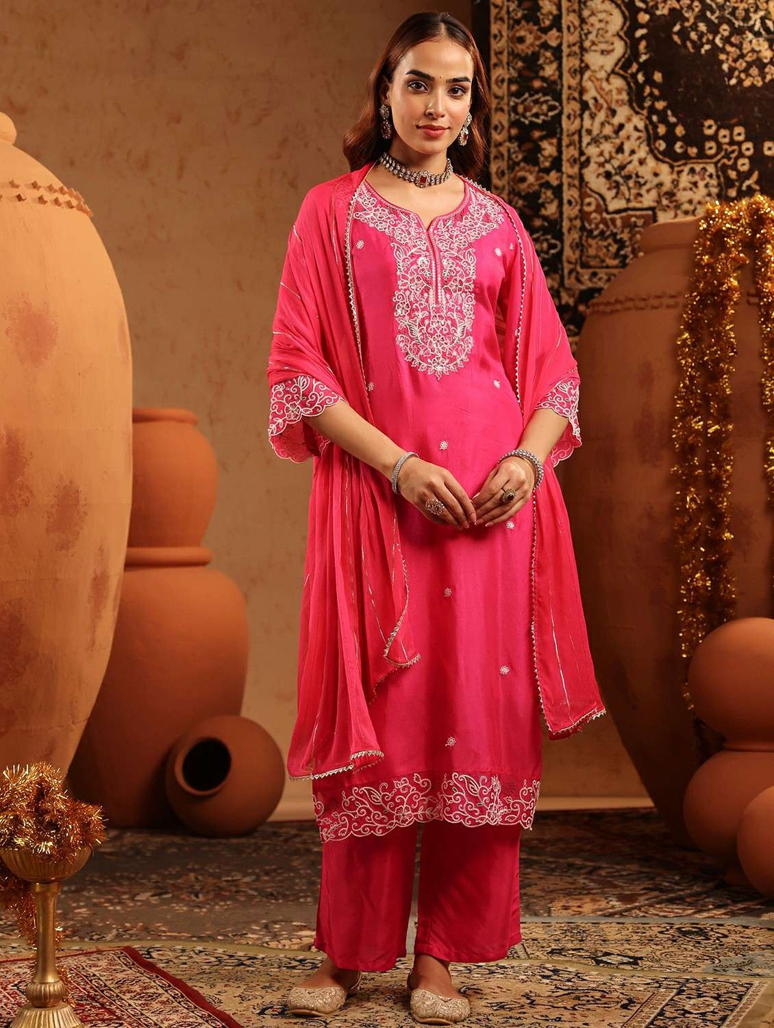 women embroidered three quarter sleeve kurta pant with dupatta set - 22142332 -  Standard Image - 5