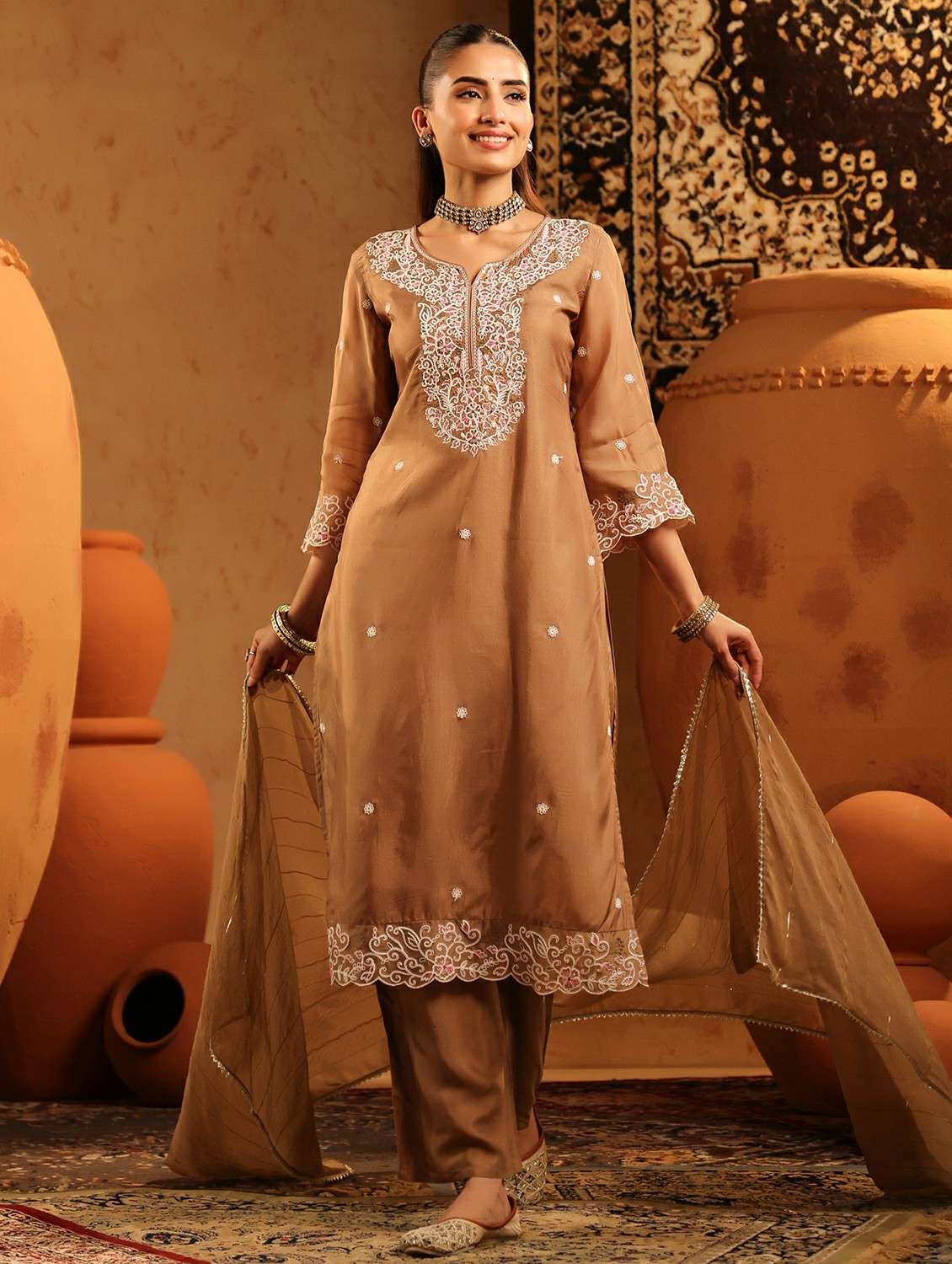 women embroidered three quarter sleeve kurta pant with dupatta set - 22142333 -  Standard Image - 3
