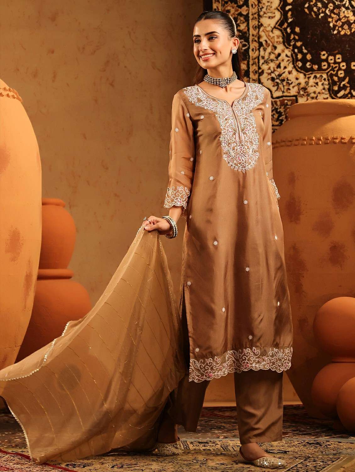 women embroidered three quarter sleeve kurta pant with dupatta set - 22142333 -  Standard Image - 5