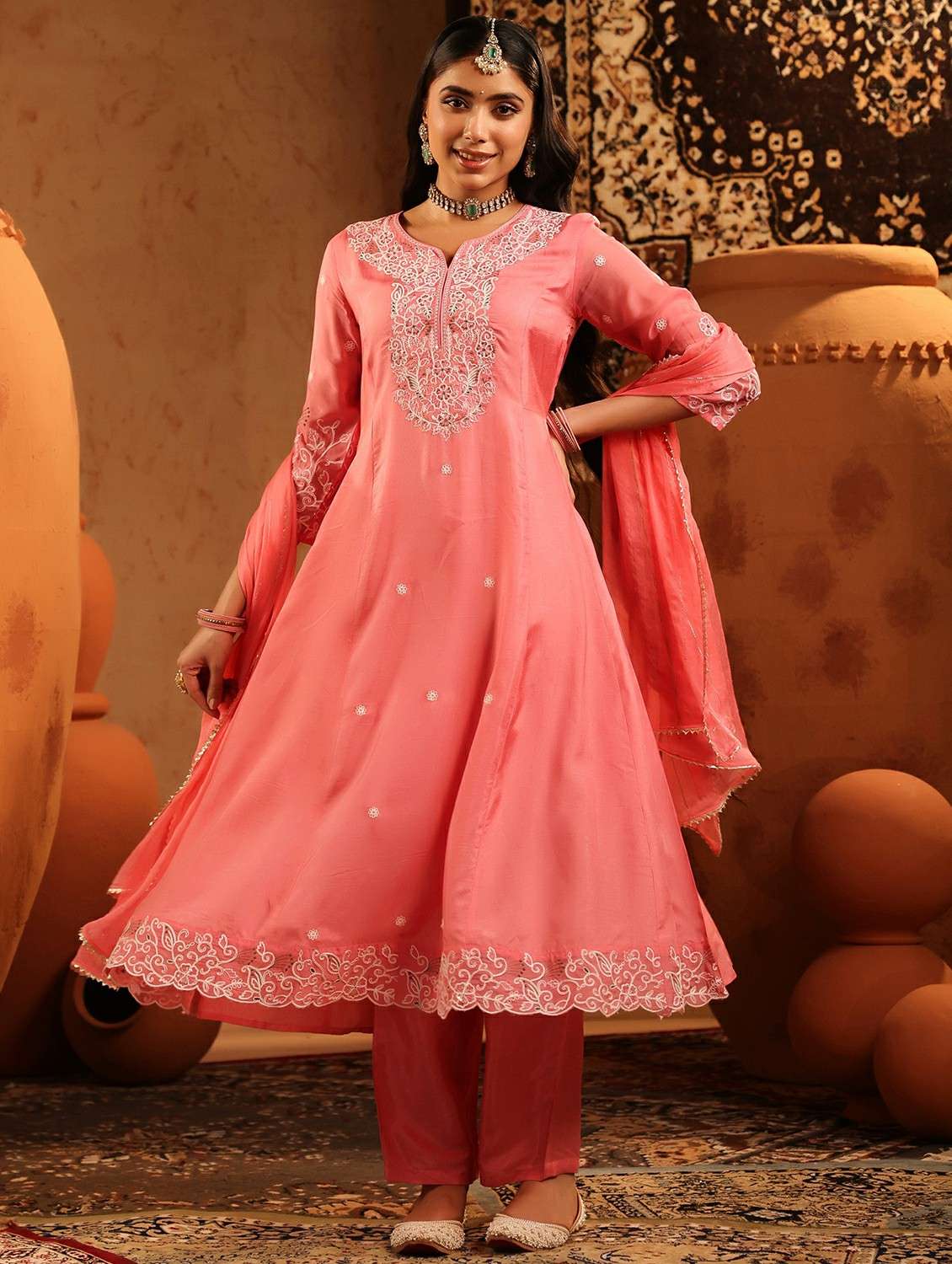 women embroidered three quarter sleeve kurta pant with dupatta set - 22142334 -  Standard Image - 3