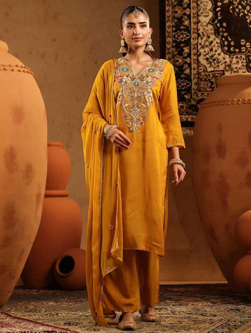 women embroidered three quarter sleeve kurta pant with dupatta set - 22142336 -  Standard Image - 0