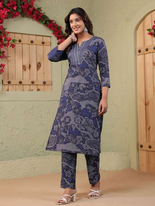 women printed three quarter sleeve kurta pant set - 22142415 -  Standard Image - 0