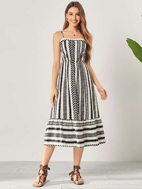 women printed shoulder strap tiered dress