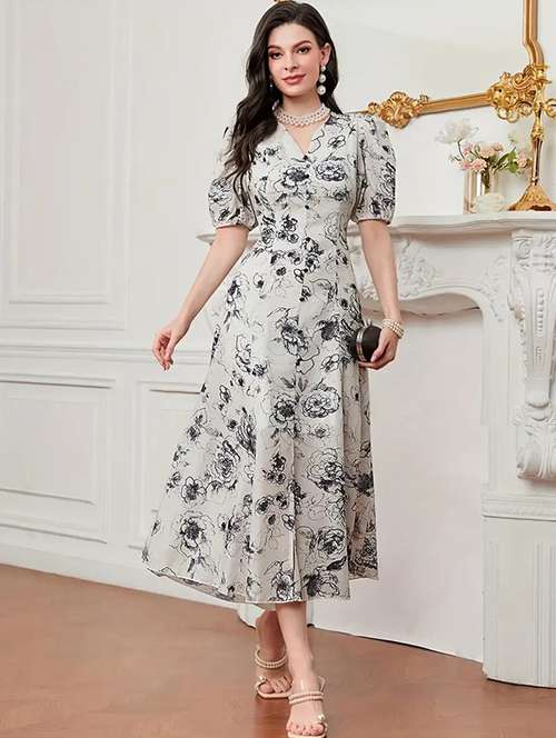 women floral print puff sleeev fit & flare dress - 22142584 -  Standard Image - 0