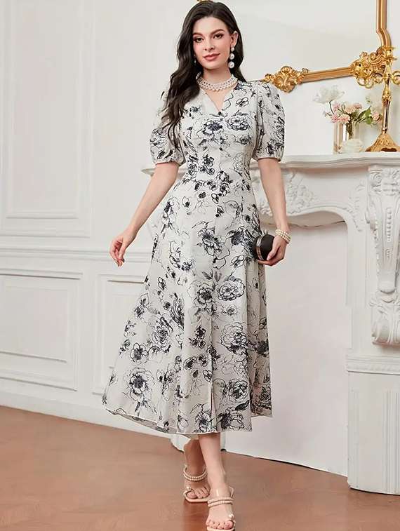 women floral print puff sleeev fit & flare dress - 22142584 -  Zoom Image - 0