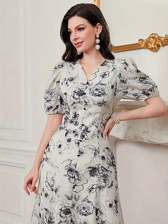 women floral print puff sleeev fit & flare dress - 22142584 - Standard Image - 3