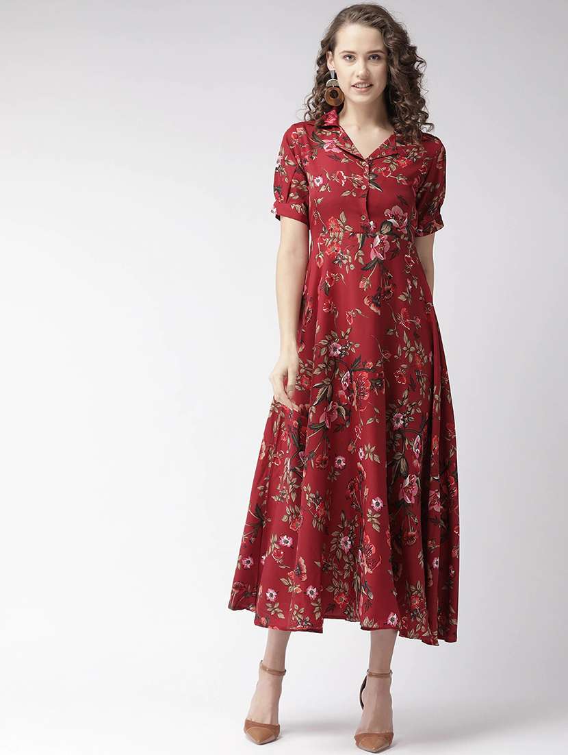 women floral print puff slevee fit & flare dress