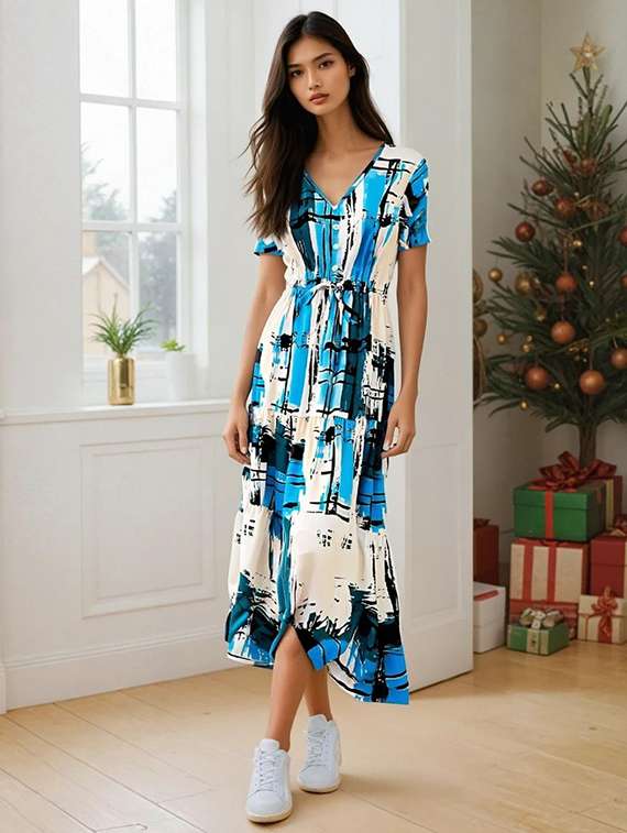 women printed short sleeve a-line dress