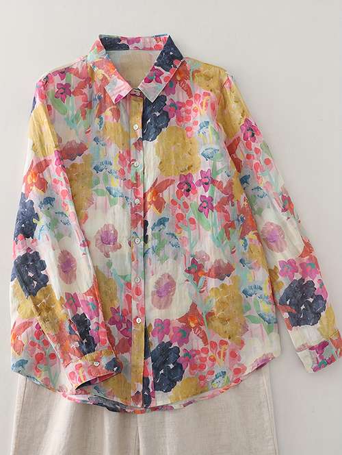 women printed collared long sleeve regular fit shirt - 22142589 - Standard Image - 0